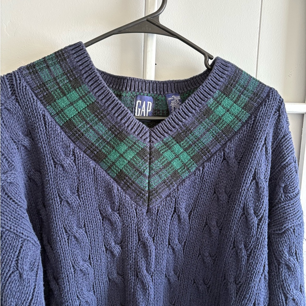 Women’s XL Vintage Gap Cable Knit 100% Cotton Sweater Navy & Green Plaid V Neck - Picture 7 of 11